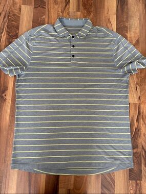 lululemon Men’s Gray Polo with Yellow Stripes No size tag (fits like XL)